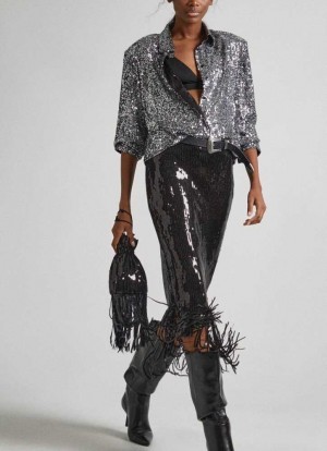 Falda Pepe Jeans Long Sequin Skirt Mujer Negras | 517MVZKJH