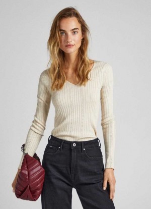 Jerséis Pepe Jeans Acanalado V-neck Knit Mujer Blancas | 953JXMRAT