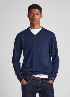 Jerséis Pepe Jeans Algodon V-neck Knit Hombre Azules | 783WNAIYZ