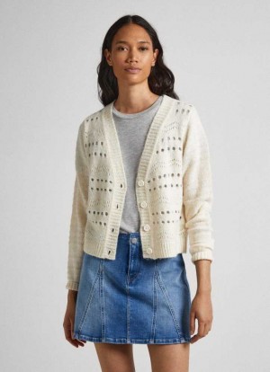 Jerséis Pepe Jeans Cardigan With Openwork Details Mujer Blancas | 250RQPNLA