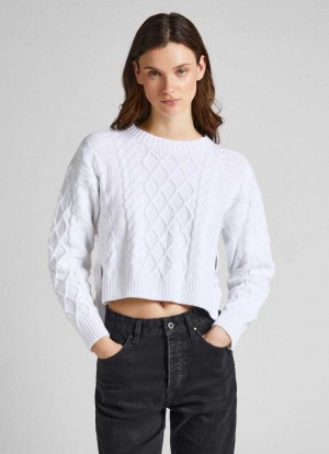 Jerséis Pepe Jeans Cropped Cable Knit Sweatshirt Mujer Blancas | 832HASKTD