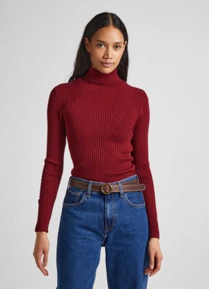 Jerséis Pepe Jeans High Neck Acanalado Knit Mujer Burdeos Rojas | 016FCUTSA