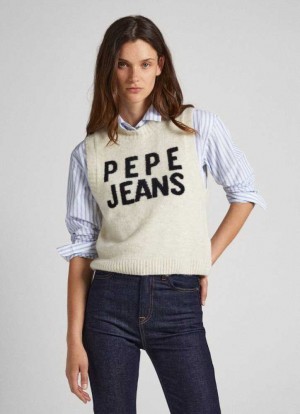 Jerséis Pepe Jeans Logo Print Knit Vest Mujer Blancas | 685LXRVWA