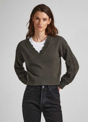Jerséis Pepe Jeans Openwork Sleeve Knit Mujer Verde Oliva Verde | 619SEUNPK
