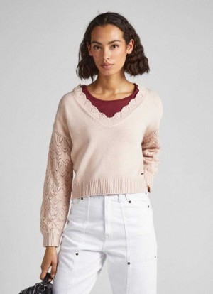Jerséis Pepe Jeans Openwork Sleeve Knit Mujer Gris Rosas Rosas | 970UAVLGQ