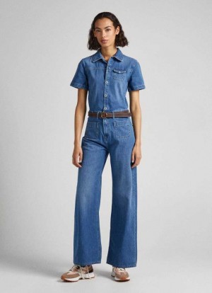 Mono Pepe Jeans Long Denim Jumpsuit Mujer Azules | 347KMCIDR