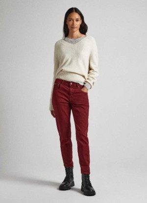 Pantalones Pepe Jeans Relaxed 5-pocket Denim Trousers Mujer Burdeos Rojas | 914DATIOE