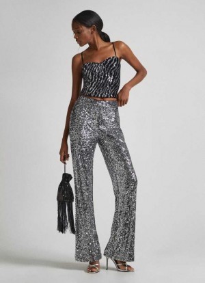 Pantalones Pepe Jeans Sequin Trousers Mujer Plateadas | 876OBPGNM