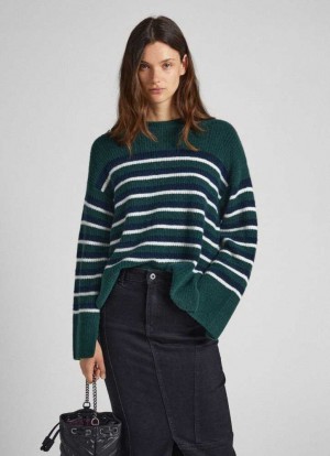 Prendas De Punto Pepe Jeans A Rayas Round Neck Knit Mujer Verde | 079JBPDCG