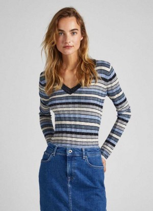 Prendas De Punto Pepe Jeans A Rayas V-neck Knit Mujer Multicolor | 039QIMKPR
