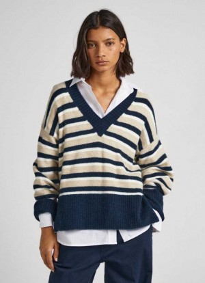 Prendas De Punto Pepe Jeans A Rayas V-neck Sweatshirt Mujer Multicolor | 870KYVZBU