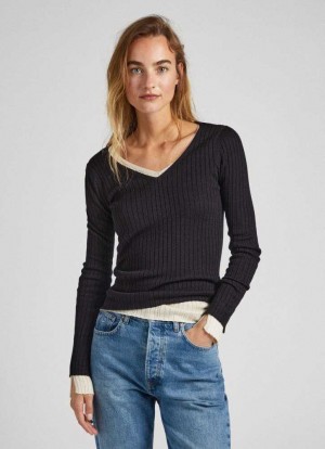 Prendas De Punto Pepe Jeans Acanalado V-neck Knit Mujer Negras | 607GBLRHC