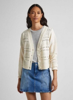 Prendas De Punto Pepe Jeans Cardigan With Openwork Details Mujer Blancas | 618DCALFR