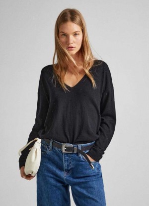 Prendas De Punto Pepe Jeans Knit Jumper With Strass Detail Mujer Negras | 480ILMWYG