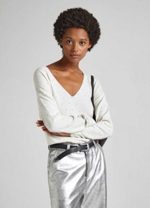 Prendas De Punto Pepe Jeans Knit Jumper With Strass Detail Mujer Blancas | 913DRYQZB