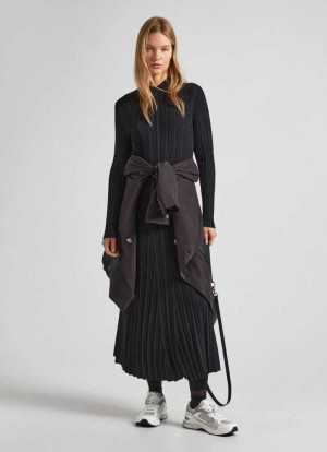 Prendas De Punto Pepe Jeans Long Acanalado Vestido Mujer Negras | 607NKIJZD