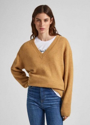Prendas De Punto Pepe Jeans V-neck Knit Mujer Marrones Beige | 714SUHQRP