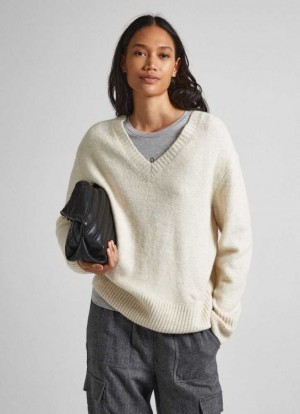 Prendas De Punto Pepe Jeans V-neck Knit Mujer Blancas | 682WUXPTM