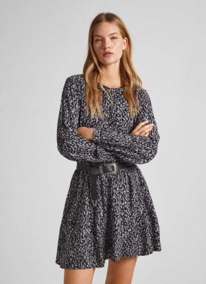 Vestido Pepe Jeans Corta Vestido With Animal Print Mujer Negras | 037XGBWQM