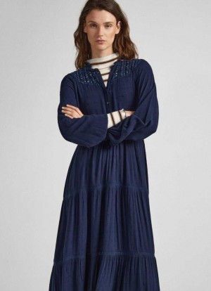 Vestido Pepe Jeans Dobby Vestido With Openwork Details Mujer Azules | 856HKJOBU