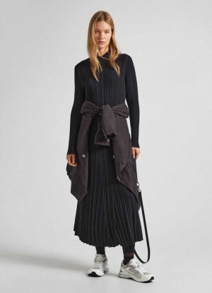 Vestido Pepe Jeans Long Acanalado Vestido Mujer Negras | 916HMDXEU