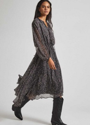 Vestido Pepe Jeans Midi Vestido With Animal Print Mujer Negras | 894ZDTEPA