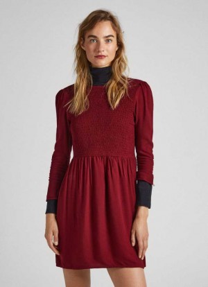 Vestido Pepe Jeans Plisado Twill Vestido Mujer Burdeos Rojas | 597IJWZFE