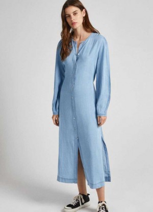 Vestido Pepe Jeans Round Neck Tencel Vestido Mujer Azules | 476ZXLDJP
