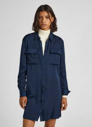 Vestido Pepe Jeans Satin Button-up Vestido Mujer Azules | 842EAXOHM