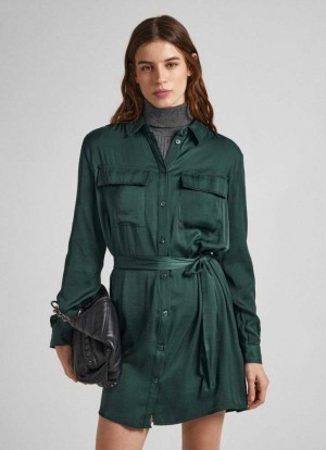 Vestido Pepe Jeans Satin Button-up Vestido Mujer Verde | 749YVTCWQ