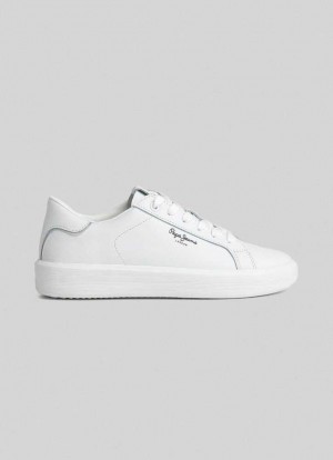 Zapatillas Pepe Jeans Dobbie Bass Cuero Trainers Mujer Blancas | 274IDWQGM