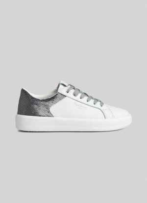 Zapatillas Pepe Jeans Dobbie Part Cuero Trainers Mujer Blancas | 603HEWKXD