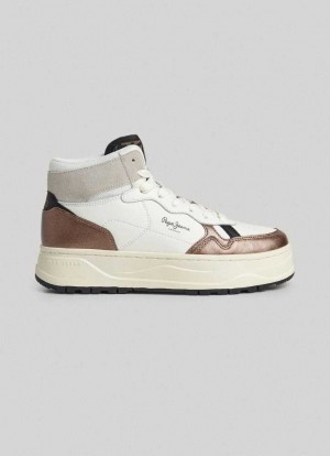 Zapatillas Pepe Jeans Kore Basket Cuero Trainers Mujer Blancas | 967TMAHDE