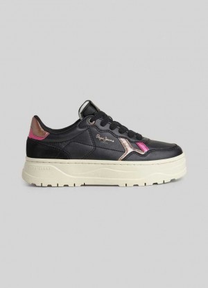 Zapatillas Pepe Jeans Kore Poppy Cuero Trainers Mujer Negras | 027KPFHAM